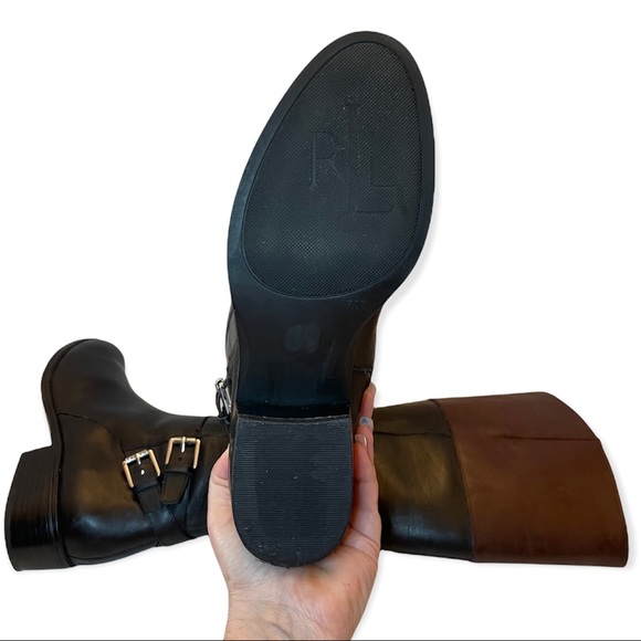 RALPH LAUREN Marba Riding Boots Knee High Boots Black & Brown Burnished Leather - Picture 9 of 10